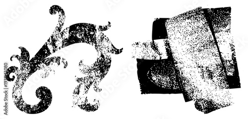 Elegant decorative scroll motif and halftone textured book stack, graphic elements for design, vintage or modern vector art, black and white silhouette.