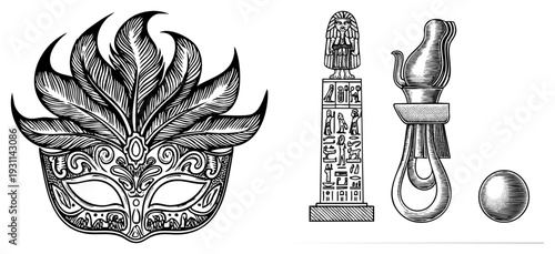 Intricate masquerade mask with feather plume, ancient Egyptian obelisk with hieroglyphs, vintage oil lamp, and shaded sphere. Vector illustration with halftone textures and detailed.