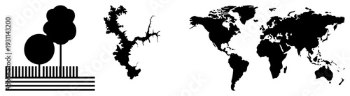 Vector featuring tree silhouette, lake, and world map in black flat design, isolated elements, geographic symbols, nature graphics, cartographic shapes.