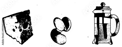 Cheese wedge with holes, coffee beans, French press coffee maker, halftone texture, kitchen essentials, food illustration, isolated vector graphics.