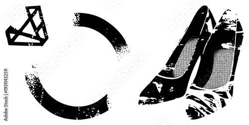 Stylized black vector featuring a crown like shape, curved arcs, and a high heeled shoe with halftone texture, graphic art, isolated elements.