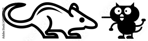 Stylized mouse running with curved tail, cartoon cat reacting with wide eyes, minimalist black, playful vector art, isolated characters, flat design, humorous animal scene.