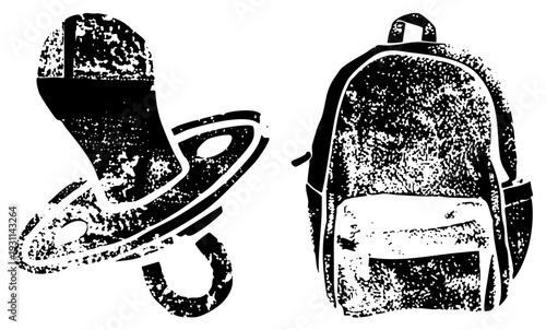 Pacifier with textured halftone design, school backpack with textured halftone, vector for parenting or education themes, minimalist graphic.