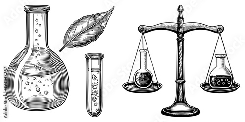 Scientific lab equipment including flask, test tube, leaf, and balance scale, engraved art, research tools, chemistry symbols, academic illustration.