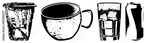 Black and white halftone illustrations of drink vessels plastic cup, coffee mug, iced glass, soda can isolated vector art.