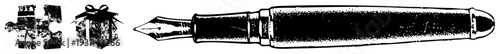 Classic writing instrument with nib and barrel, accompanied by wrapped present and jigsaw puzzle, vector illustration.