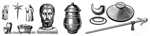 Religious including wise men, star, manger, bust, urn, shofar, beads, and staff, rendered as halftone vector illustrations.