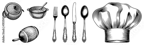 Antique style kitchen utensils including teapot, saucepan, rolling pin, ornate cutlery, and chef’s toque, rendered in classic halftone engraving style.
