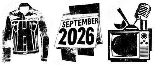 Distressed denim jacket, retro September 2026 calendar, vintage TV with microphone, 1950s aesthetic, vector art, isolated elements, nostalgic.