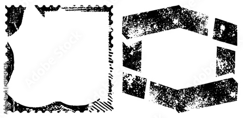 Weathered black ink frames with torn, speckled textures, graphic design borders, distressed typography elements, isolated vector shapes for or compositions.