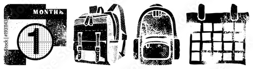 Grayscale halftone calendar page with “MONTH 1”, rugged backpacks, and grid calendar layout, vector for design projects.
