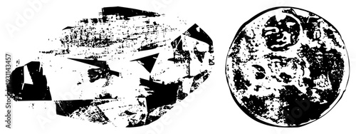 Stylized black and white vector forms with fragmented textures, geometric abstraction, graphic design elements, halftone grain, modern art motifs.