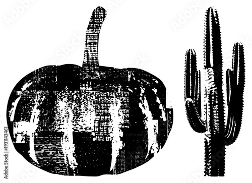 Black and white halftone pumpkin with stem and spiky saguaro cactus, desert autumn theme, graphic art, vector silhouette, rustic texture.