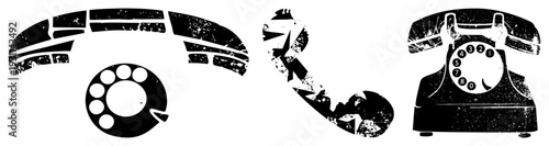 Retro telephone shattered into stylized, rotary dial and handset elements, distressed vector silhouette, classic communication artifact, fragmented design.