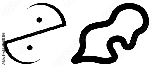 Balanced yin yang symbol with dots, ghost figure, minimalist black art, spiritual, symbolic shapes, abstract vector graphic.