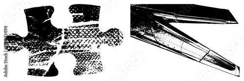 Jigsaw puzzle fragments fitted together, halftone dot texture, vector graphic, isolated foreground, game, logic symbol, educational tool.