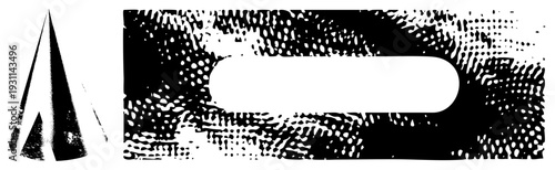 Black and white halftone background with rounded rectangle cutout and sharp conical shape, graphic design element, retro vector art, stylized composition.