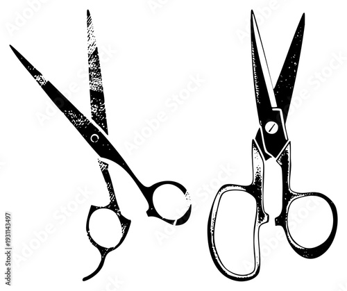 Pair of classic scissors with worn black finish, one angled open, one closed, vintage graphic, vector art, craft tool, design element, cutout silhouette.