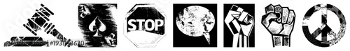 Collection of symbolic including gavel, spade, stop sign, globe, raised fists, and peace sign, rendered in vector style.