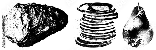 Three distinct objects rendered with halftone dot rugged rock, threaded screw, and textured pear. Vector illustration with isolated foreground elements., stylized, graphic design.