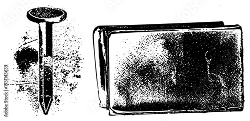 Single construction nail with round head and sharp point, alongside stacked brick of nails, rendered in gritty halftone dot, ideal for DIY or carpentry themes.