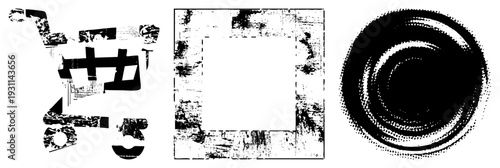 Graphic featuring fragmented shapes, distressed borders, and concentric halftone swirls, isolated vector art with textured edges and ink blot aesthetics.