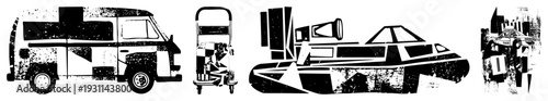 Abstract geometric vehicle silhouettes with halftone texture, isolated transport, vector graphic set, urban and recreational mobility symbols.
