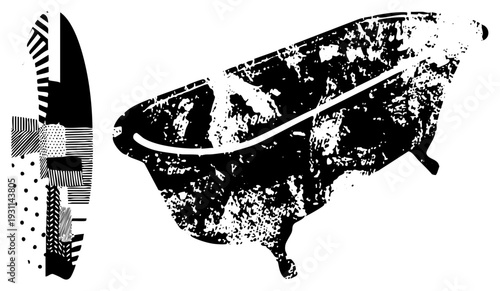 Retro bathtub with clawfoot design and distressed texture, surfboard with fins, vector art, bathroom and beach.