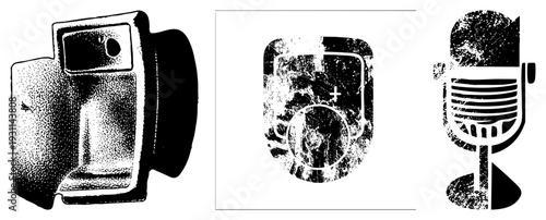 Retro equipment film camera, vintage mic, cassette player, halftone texture, vector, isolated symbols for design.