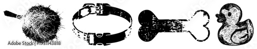 Set of pet related symbols dog brush, collar, bone, rubber duck, stylized pet care, pet symbols, vector pet items.