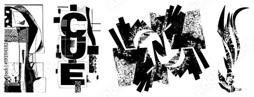 Bold abstract letterforms fused with fragmented geometric shapes, halftone textures, and stark black and white contrast, ideal for graphic design, posters, or layouts.