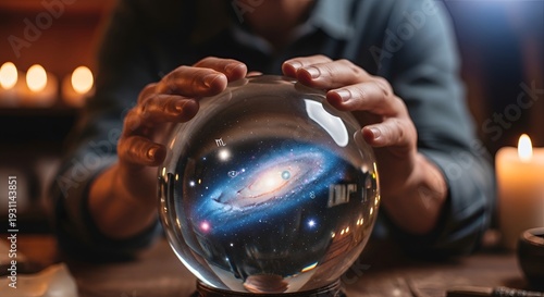 Mystic holding crystal ball with galaxy.