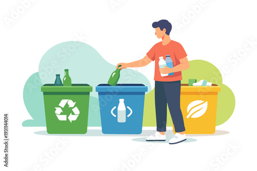 Man sorting recyclables into different bins for waste management.