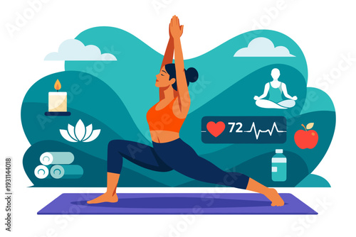 Woman practicing yoga warrior pose for healthy lifestyle.