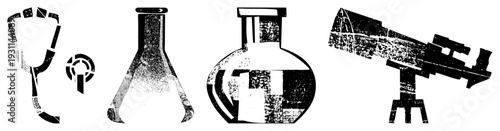 Medical and lab tools including stethoscope, Erlenmeyer flask, round bottom flask, and telescope, rendered in halftone style for scientific or educational use.