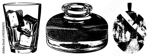 Classic inkwell, glass stopper tumbler, abstract glyph bold black and white vector, halftone texture, isolated, retro design ideal.
