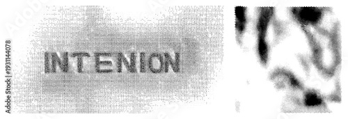 Text rendered in halftone dot, abstract blurred organic shapes, vector design, graphic typography, intentional visual distortion.