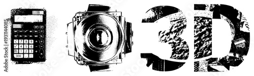 Retro calculator with buttons, camera lens with aperture, stylized 3D letters in gritty halftone style, vector graphic elements.
