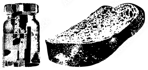 Retro halftone illustration of glass bottle and artisanal bread, stylized graphic, black and white vector, food and beverage, textured grain effect.