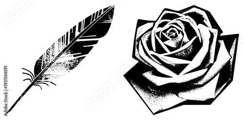 Stylized feather with textured barbs and classic rose bloom, both rendered in stark black and white halftone, ideal for tattoo or print art. Synonyms quill pen, emblem.