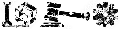 Set of mechanical symbols including wrench, cube, hammer, gear, all with gritty texture, vector, mechanical elements, industrial tools, stylized equipment.