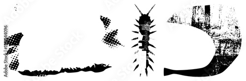 Bold graphic lettering with halftone and distressed textures, abstract ink splatter effects, typographic art, vector design elements, stencil inspired forms.