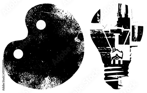 Abstract black and white yin yang palette and lightbulb with grunge texture, creative design elements, artistic symbols, vector graphics, conceptual art.