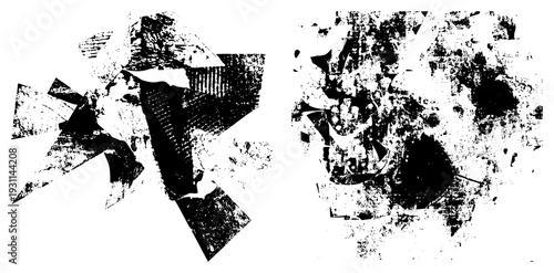 Fragmented abstract shapes with halftone texture, graphic collage elements, design, vector art, digital print aesthetic, modern art composition.