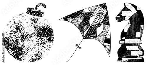 Halftone vector art speckled ornament, geometric kite, stylized knight. Black & white graphic design elements.