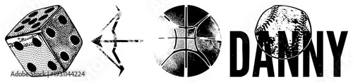 Classic dice with pips, arrow bow, textured basketball, baseball with, bold "DANNY" text, halftone style, retro sports.