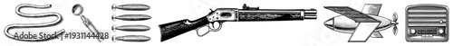 Classic revolver, early aircraft, antique radio, and retro tools rendered in black and white art, isolated vector with clean.