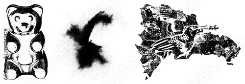 Cartoon gummy bear with round eyes, abstract ink splatter, ornate bird silhouette with intricate feather, black and white vector art.