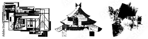 Vector illustration of fragmented architectural blueprints, stylized, and abstract textured forms, rendered in halftone and glyph styles with flat black on transparent background.