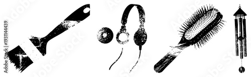 Grunge styled black vector of brush, headphones, hairbrush, and wind chime isolated, textured, stylized objects for design use.